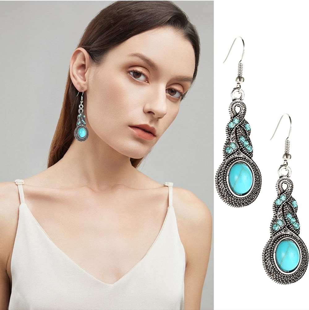 Blue Rhinestone Inlaid Turquoise Drop Earrings & Necklace Set Original Design - Picture 4 of 7